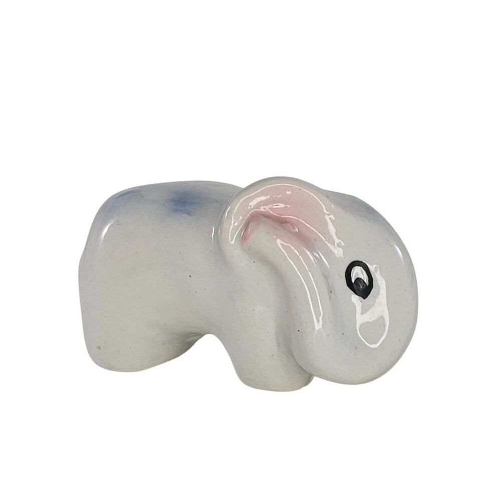 Vintage Ceramic Elephant Figurine White Pink Ears Blue Accents Small
